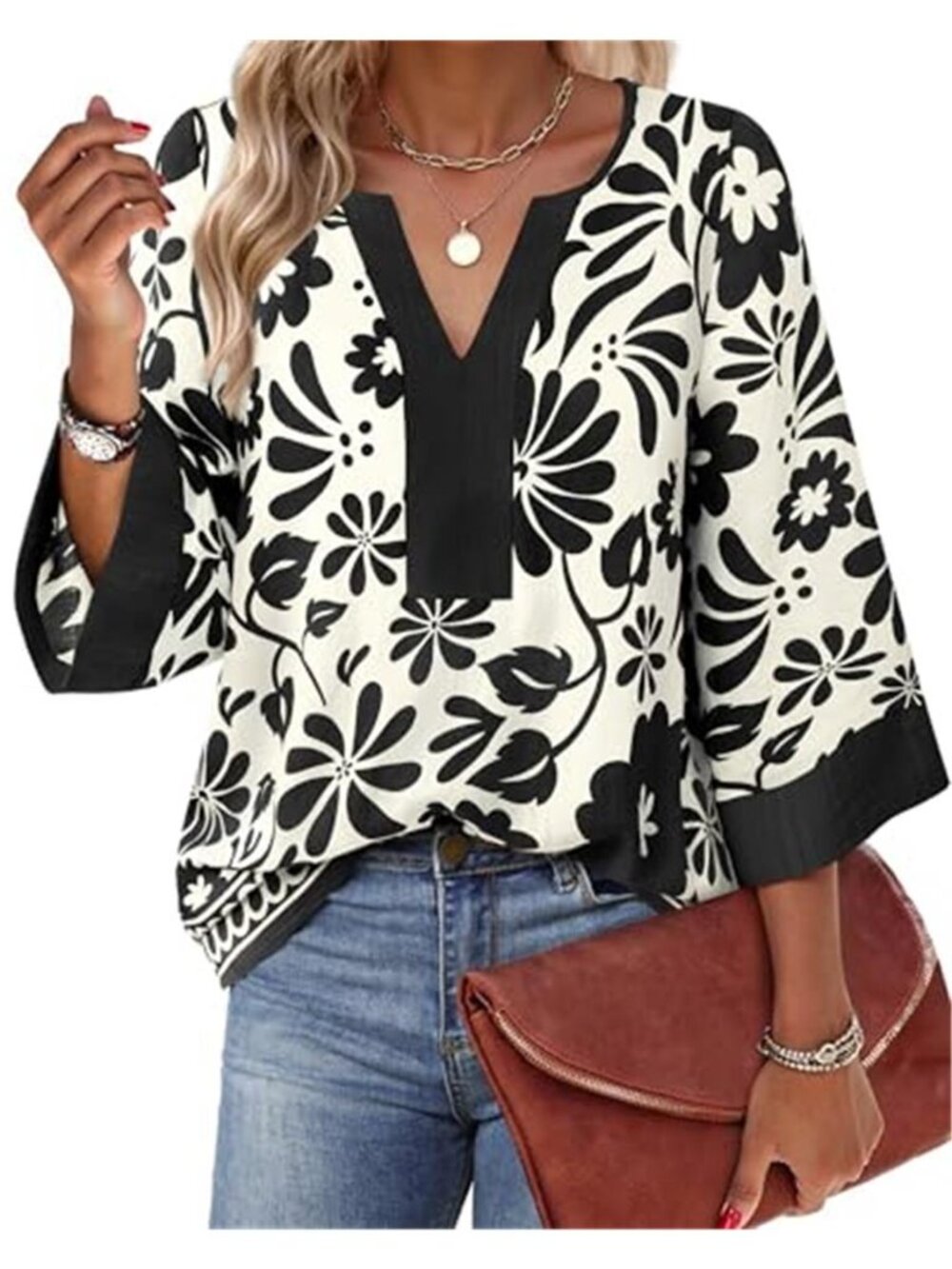 Floral Chiffon Blouse V Neck 3/4 Sleeve Loose Tunic Top Flowy Work Office